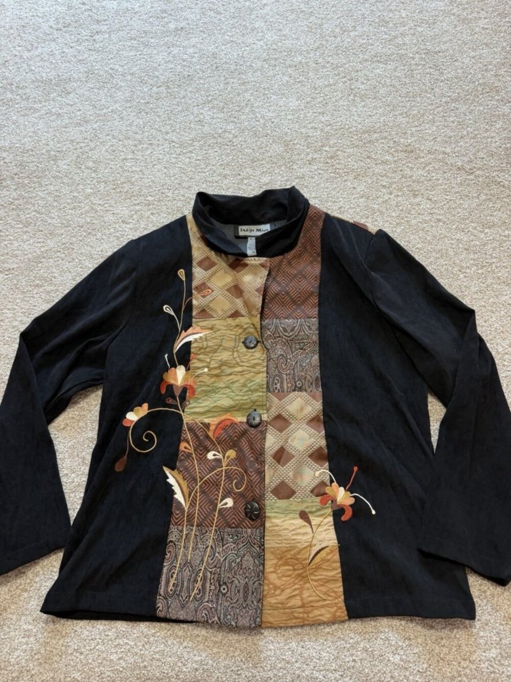 Woman’s Indigo Moon Boho Chic Fall Patchwork Vintage Black Jacket Size 16